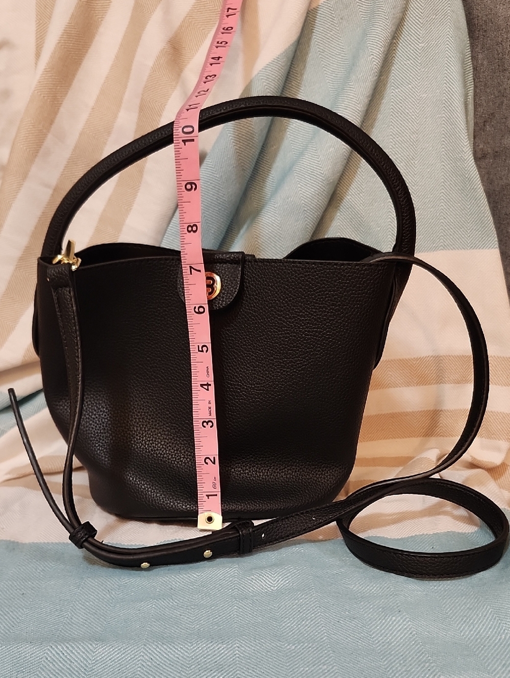Black Pebbled Mini Bucket Bag with Handle and Crossbody Strap